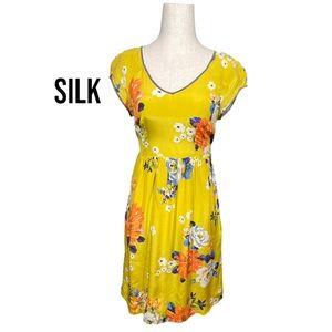 Moulinette Soeurs SILK Yellow Floral Fit flare V Neck Short Sleeve Dress 0